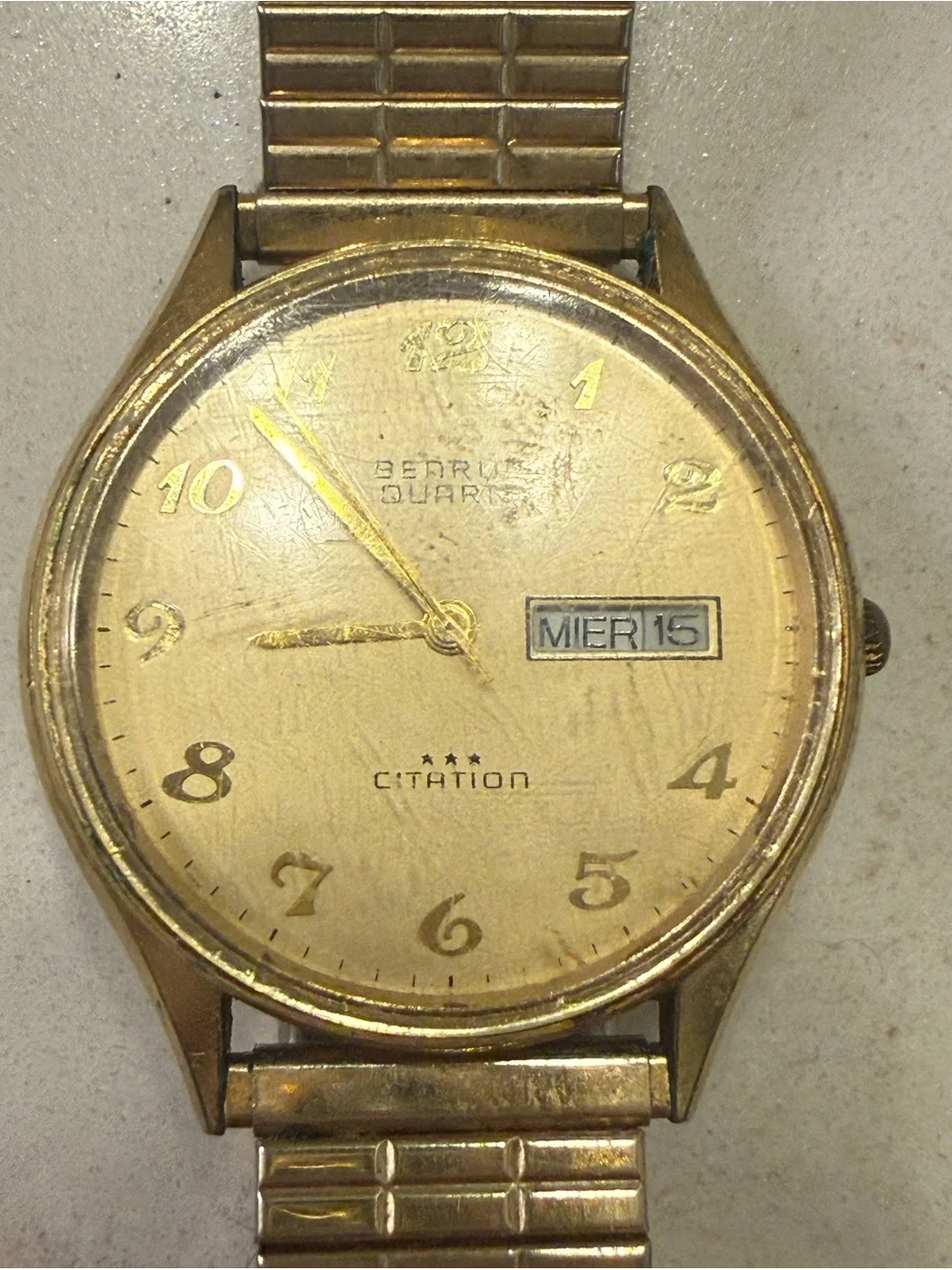 Vintage Benrus Citation 3 Star Quartz Gold Tone Day Date Men’s Watch